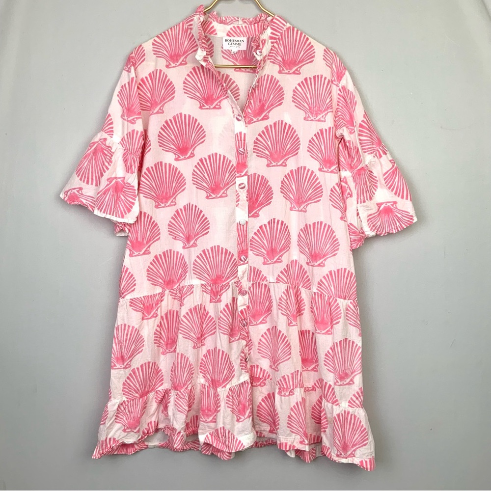 Bohemian Gemme Oversized Medium White Pink Seashell Cotton Button Ruffle Dress